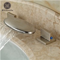 Nickel Brushed Double Handle Waterfall Bathroom Sink Faucet Deck Mount 3 Hole Hot Cold Mixer Taps
