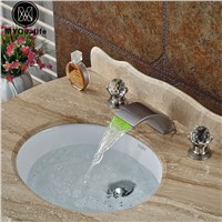 Deck Mount Color Changing LED Water Basin Faucet Brushed Nickel Waterfall Spout Dual Cristal Handles