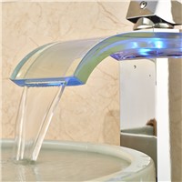 Polished Chrome Glass Waterfall Spout Basin Sink Faucet Deck Mount Square Mixer Tap W/ LED Light