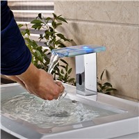 Chrome Brass Automatic Sensor Faucets LED Light Glass Waterfall Thermostatics Senser Taps Basin Hand Washer