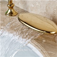 Uythner Newly Waterfall Bathroom Sink Mixer Faucet Dual Handles Gold Plate Basin Faucet Cold Hot Water Tap