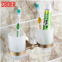 Retro Brass+glass Bathroom Accessories washroom antique brass double cup &amp;amp;amp;Tumbler Holders,Toothbrush Cup Holders W/ Ceramic Cup