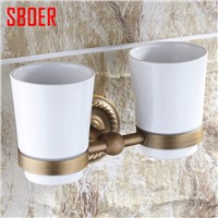 Bath Double glass/ceramic Tumbler Holders Wall-mounted Toothbrush Holder, Cup &amp;amp;amp; Tumbler Holders antique brass bath accessories
