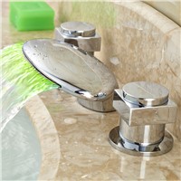 LED Light Polished Chrome Bathroom Basin Sink Faucet Waterfall Water Flow Dual Handle Vessel Lavatory Mixer Tap