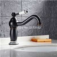 Royal Black Bronze Ceramic Handle Bathroom Faucet Modern Long Mouth Globe Body Black Painted Brass Basin Sink Mixer Tap B-050