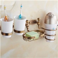 Antique Brass Tooth Brush Holder W/ Ceramic Cup Wall Mounted Bath Accessories Soap Dish Holder Hair Dryer Holder