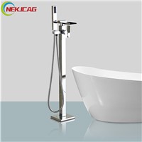 Chrome Polished Single Handle Waterfall Bathtub Faucet Freestanding Floor Mounted Brass Tub Mixer filler with Handshower