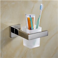 High Quality Bathroom Single Tumbler with Glass Cup Stainless Steel Holder Smooth Mirror Surface Toothbrush Cup Holder