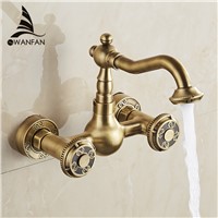 Basin Faucets Antique Bronze Brass Bathroom Kitchen Faucet Swivel Wall Mounted Dual Handle Hot Cold Mixer Taps WC Taps WF-18002