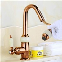 Euro Rose Gold plating Pull out Basin Sink Faucet Luxury Bathroom Basin Faucet Brass and Jade Vanity Sink Mixer water Tap