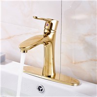 Solid Brass Single Handle Hole Golden Bathroom Faucet Mixer W/ Round Cover Plate
