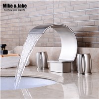 Deck three hole Double Handles Bathroom waterfall faucet Brush Finished three hole bathroom faucet Crane Sink waterfall tap