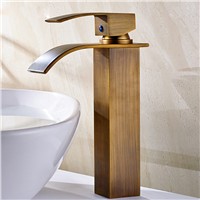Antique Brass Deck Mounted Bathroom Sink Faucet Single Handle Basin Mixer Tap Waterfall Spout Tap