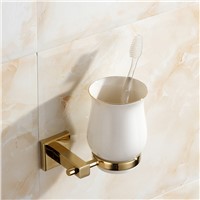 European Golden Copper Cup Holder Polished Solid Brass Toothbrush Holder With Ceramic Cup Wall Mount Bathroom Accessories G67