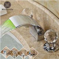 Deck Mounted Curved Spout Waterfall Basin Mixer Faucet Tap Double Handle Chrome LED Light Bathroom mixer Crane