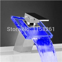 Basin Faucets LED Green Red White Light Change 3 Color Waterfall Bathroom Sink Taps Temperature Sensor Deck Mounted Taps WF-6072