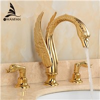 Basin Faucets Luxury 3 Hole Bathroom Taps Gold Swan Home Decoration Dual Switch Handle Lavatory Washbasin Vanity Crane  LH-16831