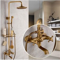 Luxury Antique Bath Rainfall Shower Faucet Set Brass Bathtub Faucet Tap with Hand Spray Bath &amp;amp;amp; Shower Faucet with bathroom shelf