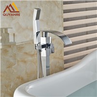 Bright Chrome Solid Brass Floor Stand Faucets Waterfall Spout Floor Mount Bathroom Tub Shower Mixer Tap