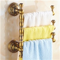 European Brass Carved Towel Rack Towel Bar Antique Thickened Rotary Frame Movable Towel Rack Brass 3 Rods Carved with Stopper