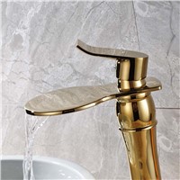 Classic Golden Countertop Basin Faucet One Handle Waterfall Round Water Spout Bathroom Vessel Sink Taps Deck Mounted 1 Hole