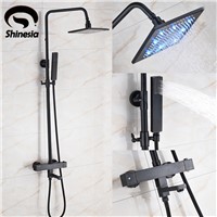Oil Rubbed Bronze Thermostatic 8 Inch LED Rainfall Shower Head with Hand Shower Wall Mount
