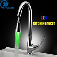 LED Light Rotatable Gooseneck Pull Down/out Spout Bathroom and Kitchen Sink Mixer Faucet Taps Single Handle