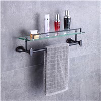 Two Tiers Bathroom Towel Rack, Bath Towel Holder Rack with Glass Shelf Wall Mounted Tower Bar with Hooks