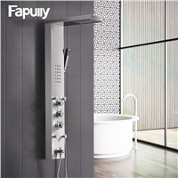 Fapully Bathroom Thermostatic Rain Shower Panel Brushed Nickel Shower Column Tub Jets Hand Shower Wall Panels With Massage Jet