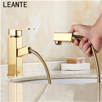 LEANTE Copper Gold Basin Pull type Faucet basin pot wash basin bathroom cabinet shampoo hot and cold faucet 9053