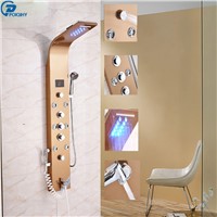 POIQIHY LED Light Rainfall Waterfall Shower Panel Shower Rose Golden Faucet with Hand Shower Multifunctional Body Jet
