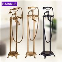 Sitting Antique Brass Hot and Cold Bathroom Freestanding Bathtub Sink Mixer Faucet-Double Handle Tub Faucet with Handheld Shower