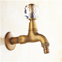 Antique Brass Crystal Handle Extended Mop Pool Taps Wall Mount Single Lever Cold Water Sink Faucet