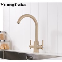 Solid Brass Kitchen Sink Faucet  Modern Style Hot &amp; Cold Mixer Tap Deck Mounted Kitchen Double Handle 360 Degree Rotating