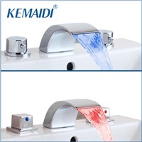 KEMAIDI  Bathtub Faucet 3 PCS Bathroom LED Basin Sink Faucet Waterfall Water Flow Lavatory Faucet Tap Chrome Finished Mixer