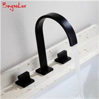 2017 New Arrival Double Lever Handle Square Bathroom Walls Matt Black Faucet Mixer Three Hole Basin Hot And Cold Water Wash Tap