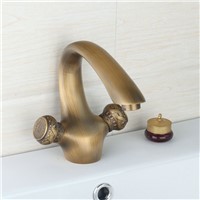 JIENI Antique Brass Double Handles Bathroom Deck Mounted Tap Wash Basin Sink Torneira Mixer Faucet Retro Basin Faucet