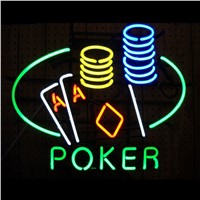 NEON SIGN For  Poker Double Aces   SIGN Signboard REAL GLASS BEER BAR PUB  display   christmas Light Signs 17*14&amp;amp;quot;