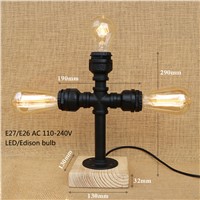 Retro Metal desk lamp Antique Iron Industrial Water Pipe table lamp wood base with switch E26/27 for bedside bedroom office bar
