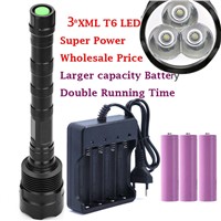 Super Bright 3 * XM-L T6 Powerful 3T6 LED Flashlight 5 Mode Torch Light Lamp With 3*18650 Rechargeable battery and charger