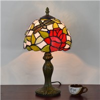 Stained Glass American garden roses Creative Retro Art bedroom Bedside decorative desk lamp 110-240V Ornament Dragonfly lamp