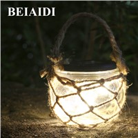 BEIAIDI 3pcs Retro Solar Candle Hanging Lantern Light Outdoor Mason Jar Bottle With Rope Garden Landscape Pathway Deck Light