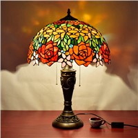European retro rose glass living room decorative lamp American Pastoral bedroom bedside lamp 16 inch Stained glass Desk Lamps