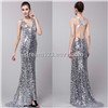 Sexy Silver Train V-neck Sequins Long Formal Ball Evening Party Women Dresses