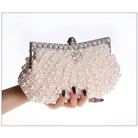 pearl beaded day clutch bag. fashionable great diamond white clutch purse with long chain