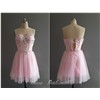 Pink Knee Length Short Tulle Beaded Prom Dress, Homecoming Dress, Cocktail Dress, Dance Dress