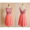 Light Coral Short Sequin Chiffon V-back Prom Dress, Homecoming Dress, Party Dance Dress