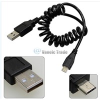 Spring Coiled USB 2.0 Male to Micro USB 5 Pin Data Sync Charger Cable Black