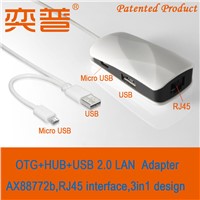 Hot new products of 2015 OTG+2 Ports HUB+USB 2.0 to LAN RJ45 Ethernet adapter