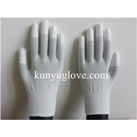 13 Guage carbon yarn knitting glove with white fingertip pu coating gloves